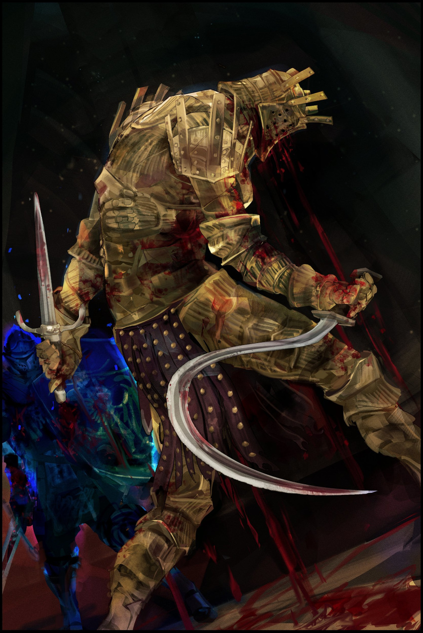 1boy 1other absurdres ambiguous_gender armor bleeding blood blood_splatter breastplate chosen_undead dagger dark_souls_(series) dark_souls_i dual_wielding english_commentary facing_another feet_out_of_frame full_armor full_body gauntlets gold_armor greaves helmet highres holding holding_dagger holding_knife holding_shield holding_sword holding_weapon injury knife knight knight_lautrec_of_carim looking_down nslacka pauldrons shield shotel shoulder_armor standing sword weapon