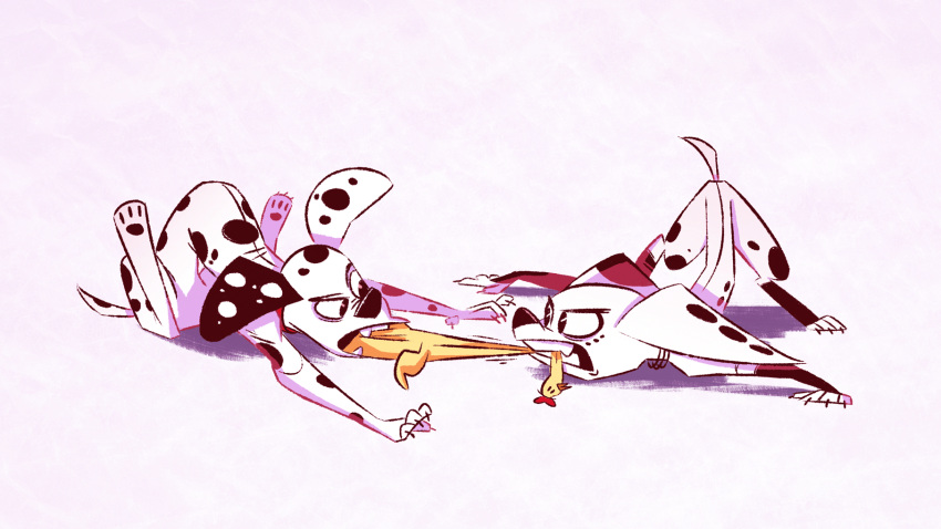 101_dalmatian_street 101_dalmatians canid canine canis dalmatian disney dolly_(101_dalmatians) domestic_dog duo dylan_(101_dalmatians) feral fluttershythekind hi_res mammal pawpads paws rubber_chicken teeth tug_of_war