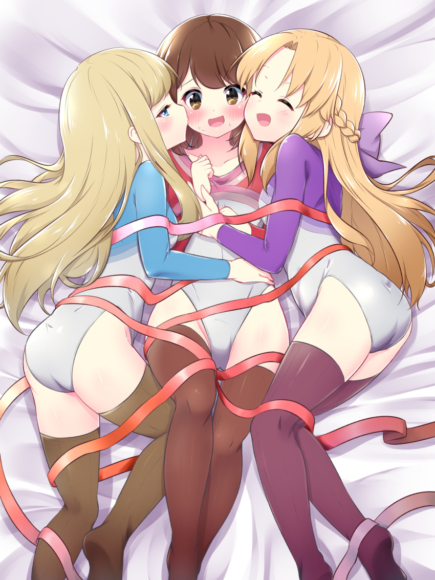 3girls ass athletic_leotard blonde_hair braid brown_eyes brown_hair brown_legwear chloe_lemaire closed_eyes commentary_request commission crown_braid feet_out_of_frame girlfriend_(kari) gymnastics gymnastics_ribbon hazumi_otoya highres legs leotard long_hair long_sleeves looking_at_viewer lying matching_outfits multiple_girls pink_ribbon pixiv_commission rhythmic_gymnastics ribbon sasahara_nonoka shiina_kokomi short_hair thighhighs yuri