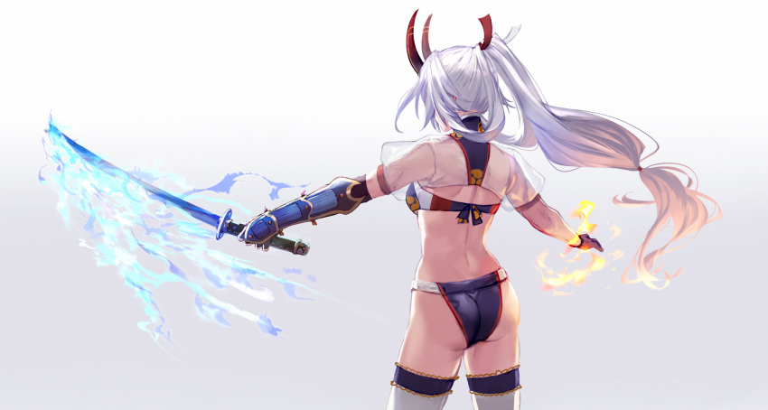 armor ass asymmetrical_gloves back bikini blue_bikini cowboy_shot crop_top elbow_gloves fate/grand_order fate_(series) female flaming_sword flaming_weapon floating_hair frilled_thighhighs frills from_behind gloves hair_ribbon hidden_face highres horns japanese_armor katana kote long_hair low-tied_long_hair ribbon see-through shirabi solo swimsuit sword thighhighs tomoe_gozen_(fate) tomoe_gozen_(swimsuit_saber)_(fate) tomoe_gozen_(swimsuit_saber)_(third_ascension)_(fate) uneven_gloves weapon white_thighhighs