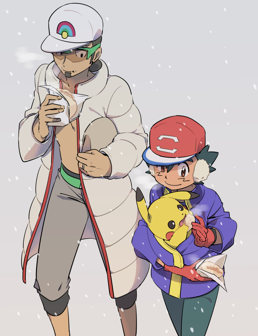 2boys ameiro_pk animal animal_in_clothes baseball_cap breath brown_eyes capri_pants closed_mouth coat cold collarbone commentary eating facial_hair feeding gloves goatee grey_pants hair_between_eyes hand_up hat highres holding kukui_(pokemon) male_focus multiple_boys open_clothes open_coat pants pikachu pokemon pokemon_(anime) pokemon_(creature) pokemon_sm_(anime) red_gloves satoshi_(pokemon) short_hair smile sunglasses white_headwear