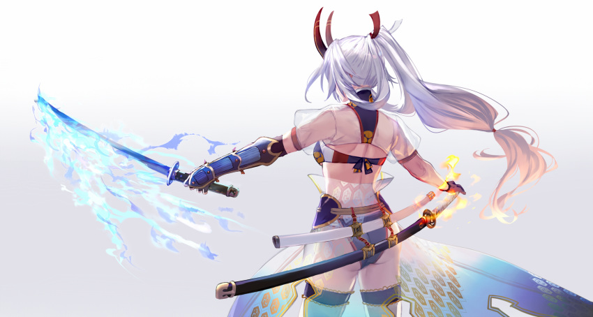 armor ass asymmetrical_gloves back bikini blue_bikini blue_fire cowboy_shot crop_top dual_wielding elbow_gloves fate/grand_order fate_(series) female fire flaming_sword flaming_weapon floating_hair frilled_thighhighs frills from_behind gloves hair_ribbon hidden_face highres holding horns japanese_armor katana kote long_hair low-tied_long_hair ribbon see-through sheath sheathed shirabi solo swimsuit sword thighhighs tomoe_gozen_(fate) tomoe_gozen_(swimsuit_saber)_(fate) tomoe_gozen_(swimsuit_saber)_(third_ascension)_(fate) uneven_gloves unsheathed weapon white_thighhighs