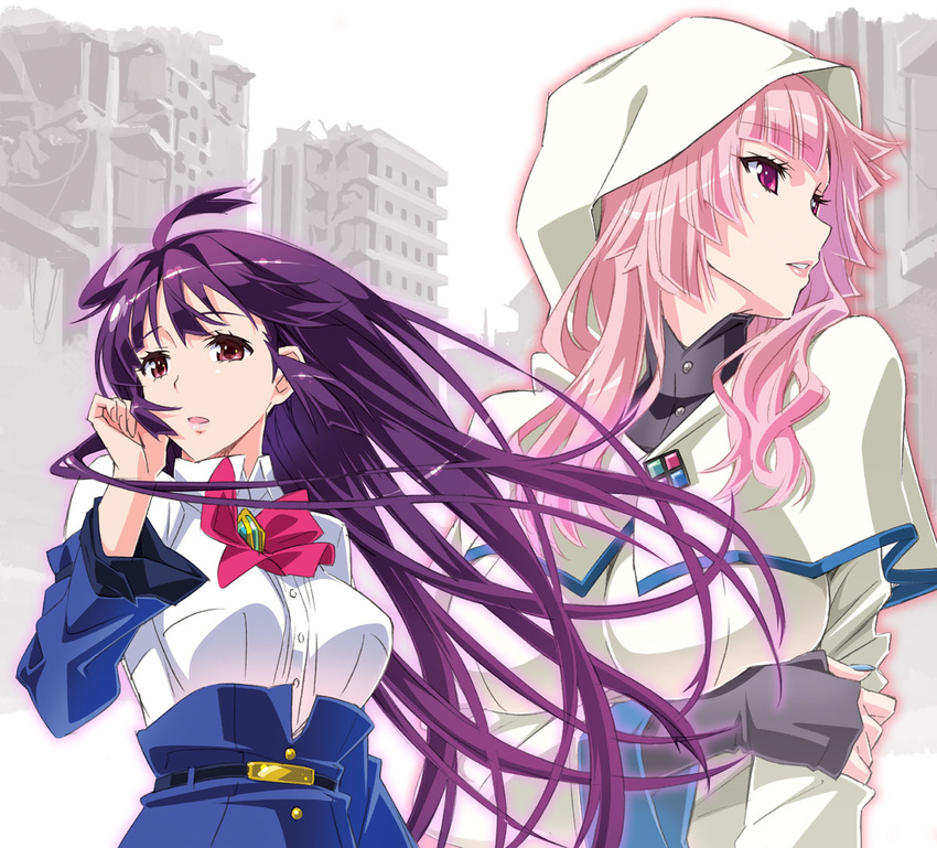 2girls belt blush commentary_request concrete_revolutio fingerless_gloves gloves hood hoshino_kikko kino_emi lipstick long_hair looking_at_viewer makeup multiple_girls nail_polish open_mouth pink_hair purple_eyes purple_hair red_eyes suzutsuki_kurara