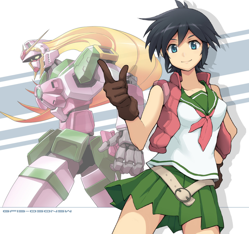 belt black_hair blue_eyes commentary_request female gloves gundam gundam_build_fighters imai_alice mecha neckerchief nobel_gundam nobel_gundam_deco photoshop_(medium) pleated_skirt robot school_uniform shadow short_hair skirt smile vest yuusuke_(5yusuke3)