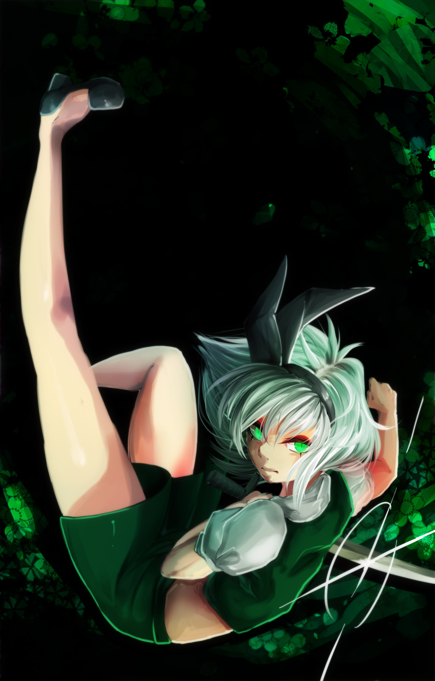 alternate_hair_color artistic_error black_background black_footwear black_hairband closed_mouth commentary_request female from_side gradient_background green_background green_eyes green_hair green_sky green_vest hairband high_heels highres konpaku_youmu legs looking_at_viewer midriff multicolored_hair outstretched_arm pumps riko_(rikooh) serious shirt shoes short_hair short_sleeves skirt skirt_set sky slit_pupils solo sparkle sword thighs touhou two-tone_hair vest weapon white_shirt