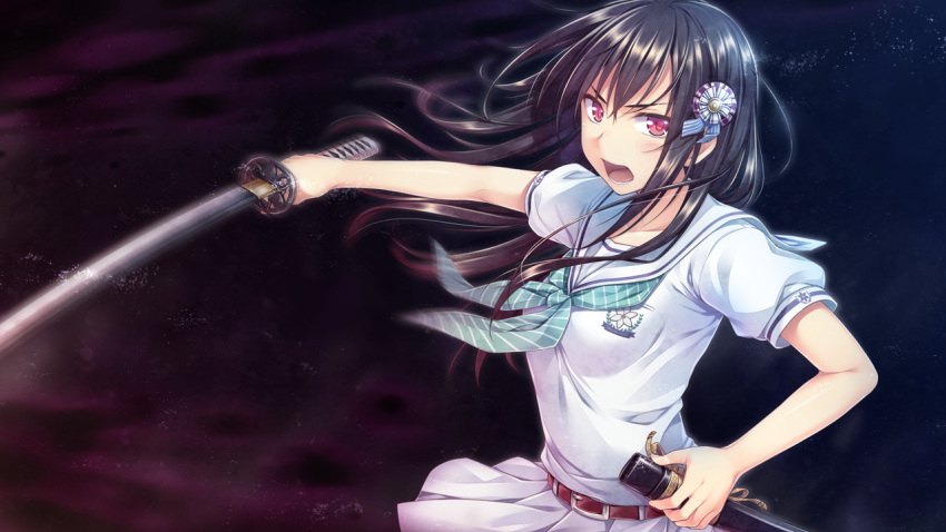 alpha_(yukai_na_nakamatachi) aqua_neckerchief belt belt_buckle black_background black_hair boku_no_hitori_sensou buckle collared_shirt female floating_hair game_cg hair_between_eyes hair_ribbon holding holding_sheath holding_sword holding_weapon inuzuka_rumi katana long_hair miniskirt motion_blur neckerchief open_mouth pleated_skirt red_belt red_eyes ribbon sailor_collar sailor_shirt school_uniform serafuku sheath shirt short_sleeves skirt solo standing straight_hair striped striped_neckerchief striped_ribbon sword unsheathed v-shaped_eyebrows very_long_hair weapon white_sailor_collar white_serafuku white_shirt white_skirt