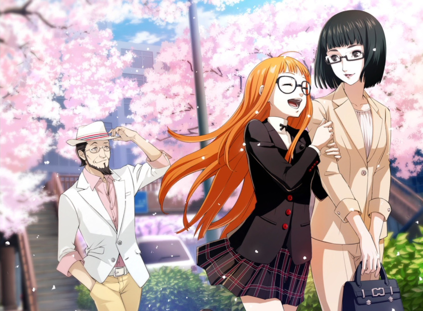 1boy 2girls beard black_eyes black_hair cherry_blossoms closed_eyes facial_hair father_and_daughter game_cg glasses hat isshiki_wakaba kabayashi_akane long_hair mature_female mother_and_daughter multiple_girls official_art orange_hair outdoors pants persona persona_5 persona_5_the_royal plaid plaid_skirt sakura_futaba sakura_soujirou school_uniform short_hair shuujin_academy_school_uniform skirt spoilers