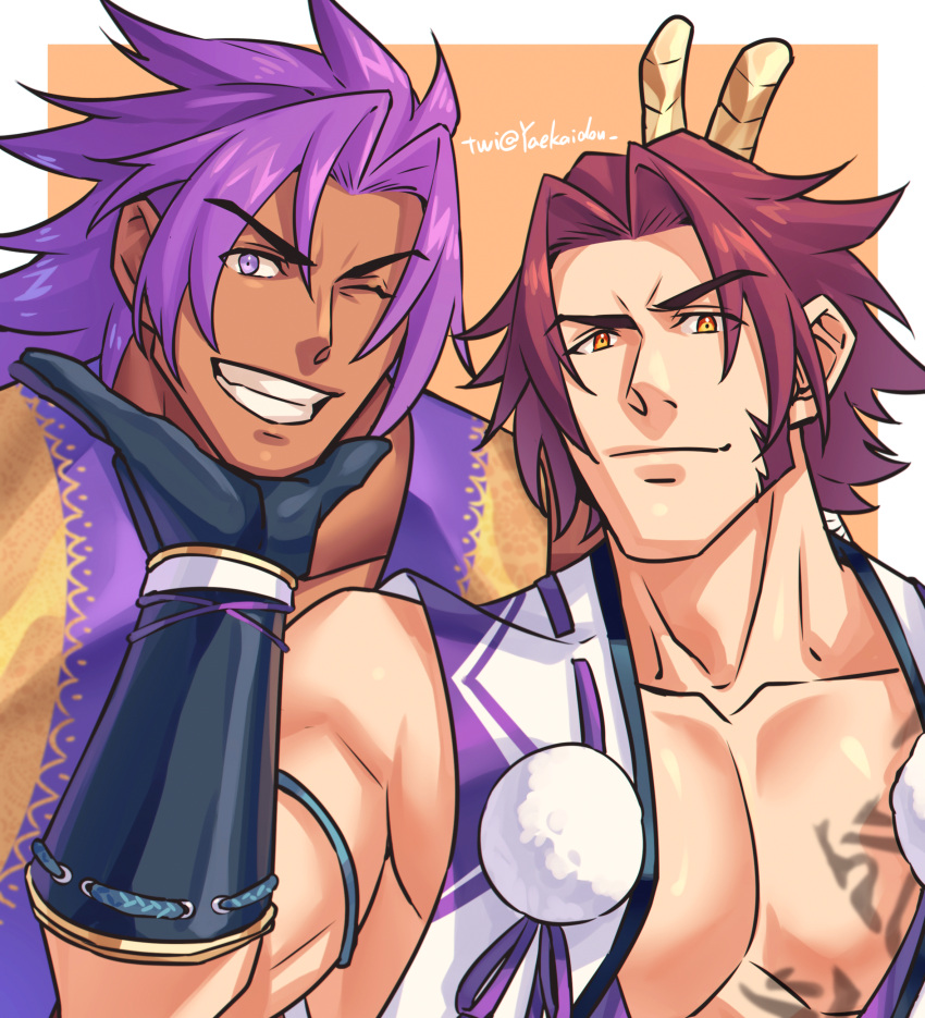 2boys absurdres bara bhima_(fate) bunny_ears_prank chest_tattoo collarbone crossover dark-skinned_male dark_skin fate/grand_order fate_(series) gauntlets gloves grin hand_on_another's_chin highres japanese_clothes large_pectorals long_hair long_sideburns looking_at_viewer male_focus multiple_boys muscular muscular_male one_eye_closed orange_background pectorals ponytail purple_eyes purple_hair purple_vest red_hair sideburns simple_background smile tattoo tonbokiri_(touken_ranbu) touken_ranbu trait_connection twitter_username upper_body v-shaped_eyebrows vest yaekaidou yellow_eyes