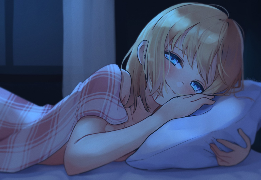 bare_shoulders bed_sheet blonde_hair blue_eyes blush bob_cut collarbone covering_breasts covering_privates english_commentary eyebrows_hidden_by_hair female hair_behind_ear highres holding holding_pillow hololive hololive_english kiirokuma looking_at_viewer medium_hair naked_sheet on_bed pillow pov_across_bed smile solo under_covers virtual_youtuber watson_amelia