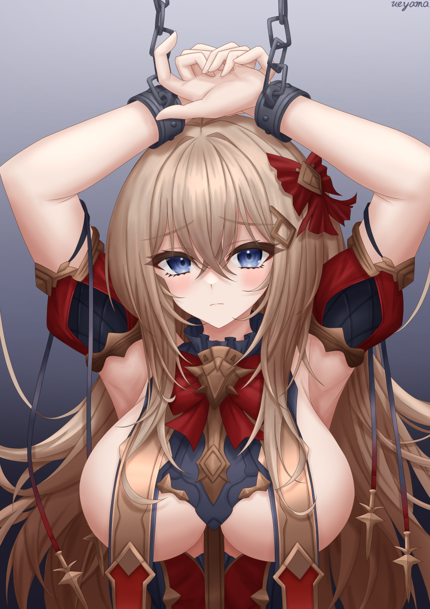 absurdres armpits arms_up azur_lane between_breasts blonde_hair blue_eyes bound bound_wrists breast_curtains breasts chains crossed_bangs cuffs dress female fortune_(azur_lane) fortune_(meta)_(azur_lane) hair_between_eyes hair_ornament hair_ribbon highres large_breasts light_blush long_hair looking_at_viewer red_dress ribbon shackles signature simple_background solo ueyama_0clock upper_body