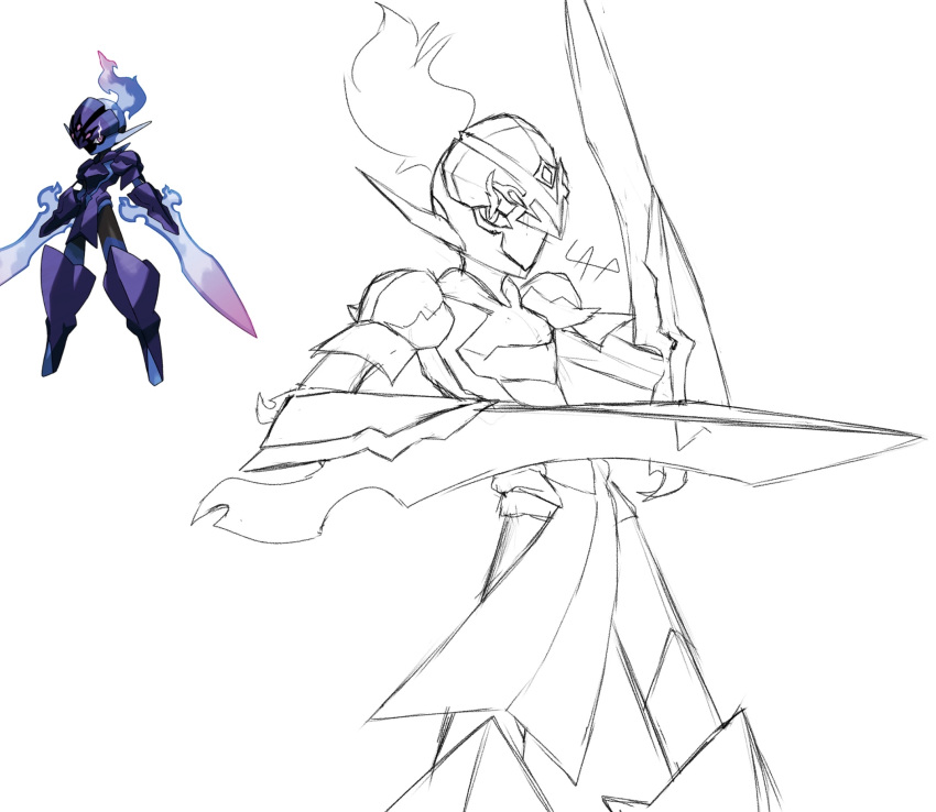 ambiguous_gender armor black_body black_skin blue_fire ceruledge colored_fire elemental_creature elemental_humanoid fire generation_9_pokemon ghost hi_res humanoid knight lewdaesthetics nintendo official_art pokemon pokemon_(species) purple_armor purple_body purple_eyes purple_fire solo spirit warrior