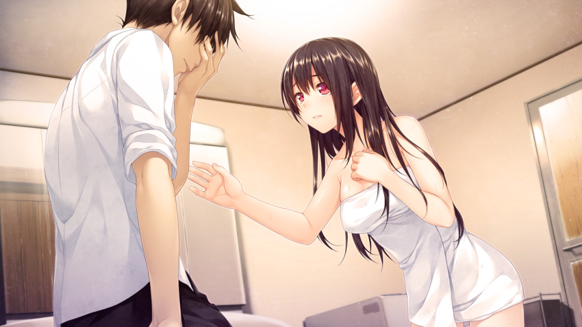 1boy alpha_(yukai_na_nakamatachi) black_pants boku_no_hitori_sensou breasts brown_hair cleavage collarbone covering_own_eyes female game_cg hair_between_eyes indoors inuzuka_rumi leaning_forward long_hair looking_at_another medium_breasts naked_towel pants parted_lips red_eyes satomi_renji shirt straight_hair towel very_long_hair wet wet_hair white_shirt