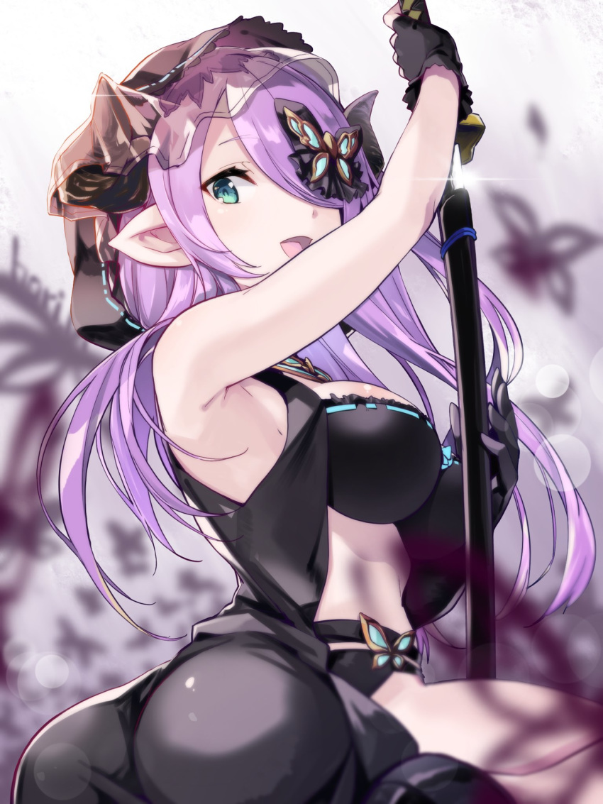 bad_anatomy black_gloves commentary_request draph female gloves granblue_fantasy hair_ornament hair_over_one_eye highres horns katana light_purple_hair long_hair narmaya_(granblue_fantasy) narmaya_(the_black_butterfly)_(granblue_fantasy) nino_(shira) official_alternate_costume pointy_ears sitting solo sword veil weapon