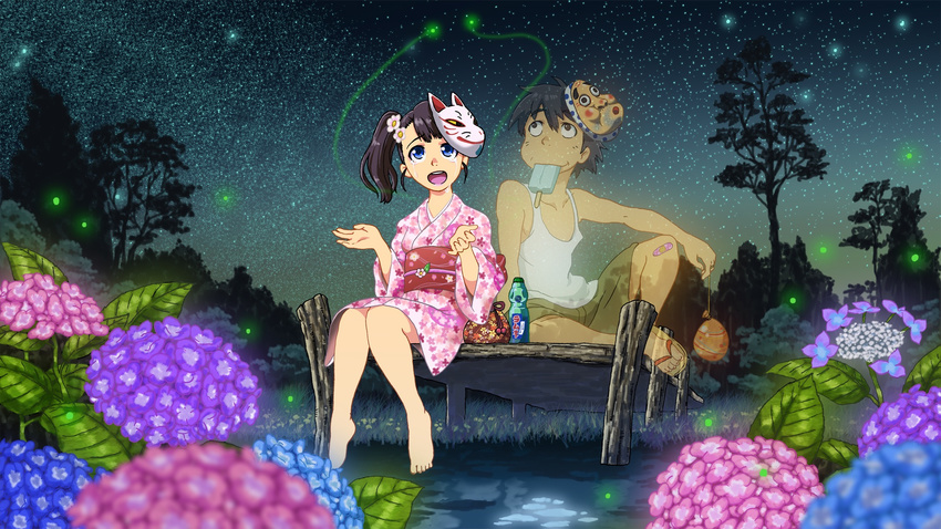 1boy bag bandaid bandaid_on_knee bandaid_on_leg barefoot black_eyes black_hair blue_eyes bottle commentary_request crying crying_with_eyes_open female fireflies flower food food_in_mouth foot_dangle fox_mask ghost grass hair_flower hair_ornament highres hydrangea hyottoko_mask japanese_clothes junkparts kimono knees_together_feet_apart light_trail long_hair looking_up mask mask_on_head mouth_hold nature night night_sky obi original outdoors pier pond popsicle ramune sandals sash shirt short_hair shorts side_ponytail sitting sky smile star_(sky) starry_sky summer tank_top tears tree water water_yoyo white_shirt yukata