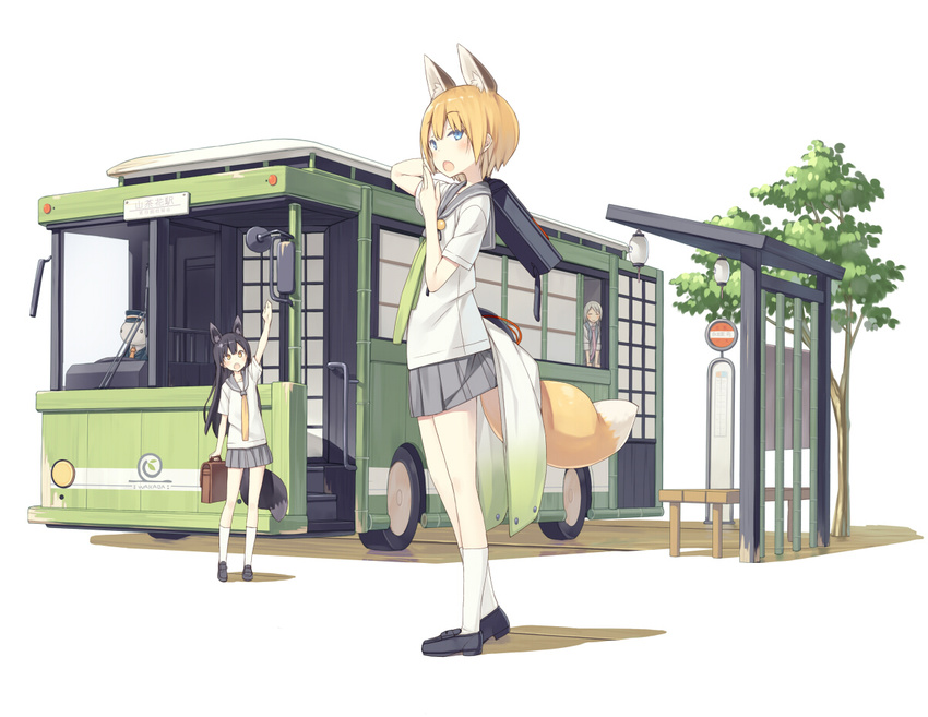 3girls animal_ear_fluff animal_ears bench black_footwear black_hair blonde_hair blue_eyes briefcase brown_eyes bus bus_stop commentary_request covering_own_mouth fox_ears fox_tail grey_hair kuromitsu_nene lantern long_hair looking_at_viewer miniskirt motor_vehicle multiple_girls necktie open_mouth original paper_lantern pleated_skirt poco_(asahi_age) school_uniform serafuku shiratama_kitsune shoes short_hair short_sleeves skirt socks standing tail waving white_socks yawning yukimi_(poco)