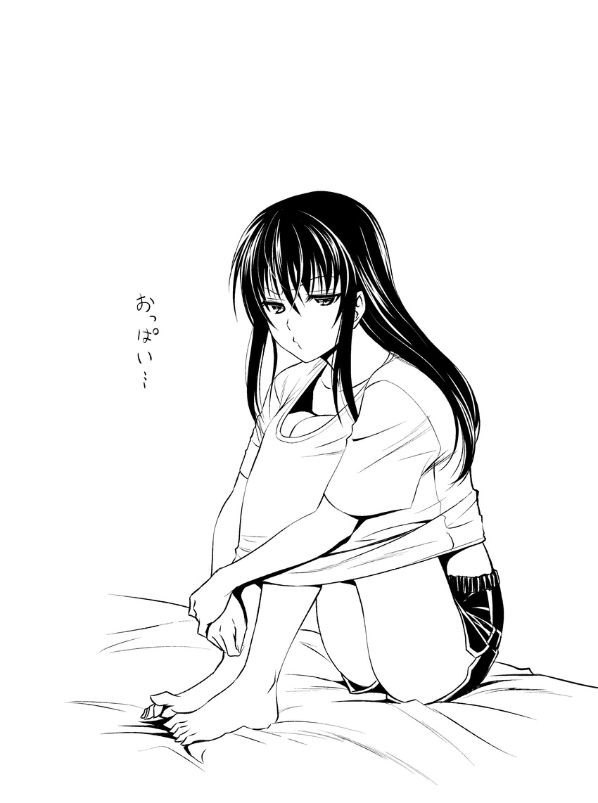 absurdres aoki_kanji bare_legs barefoot breast_conscious collarbone commentary_request female greyscale highres hugging_own_legs jitome knee_boobs knees_to_chest knees_up long_hair looking_at_viewer monochrome onee-chan_no_te_wo_totte pout shirt short_shorts shorts sidelocks simple_background sitting solo translated white_background yumi_(onee-chan_no_te_wo_totte)