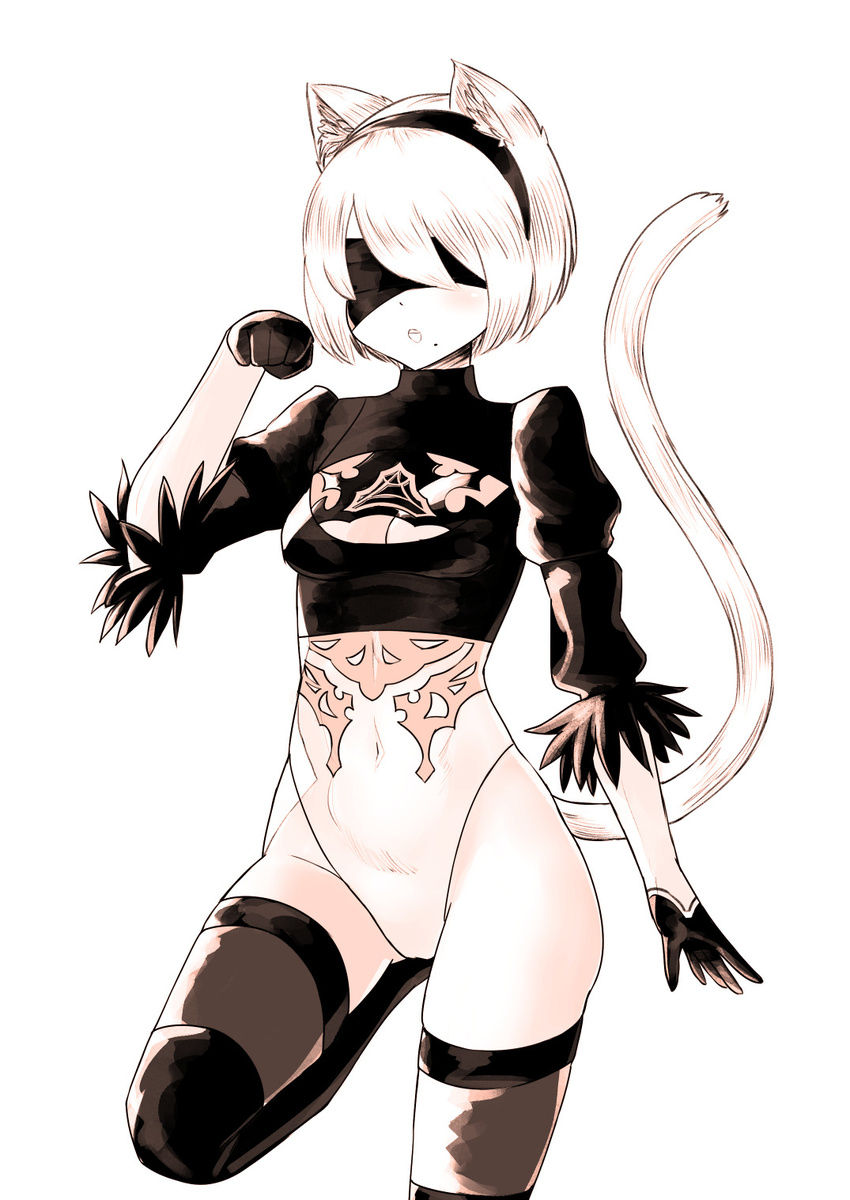 animal_ears black_hairband blindfold breasts cat_ears cat_tail cleavage_cutout covered_eyes covered_navel facing_viewer feather-trimmed_sleeves female gloves hairband highleg highleg_leotard highres juliet_sleeves kaafi kemonomimi_mode leotard limited_palette long_sleeves medium_breasts mole mole_under_mouth nier_(series) nier_automata one_leg_raised open_mouth paw_pose puffy_sleeves short_hair simple_background solo standing standing_on_one_leg tail thighhighs white_background white_hair white_leotard yorha_no._2_type_b