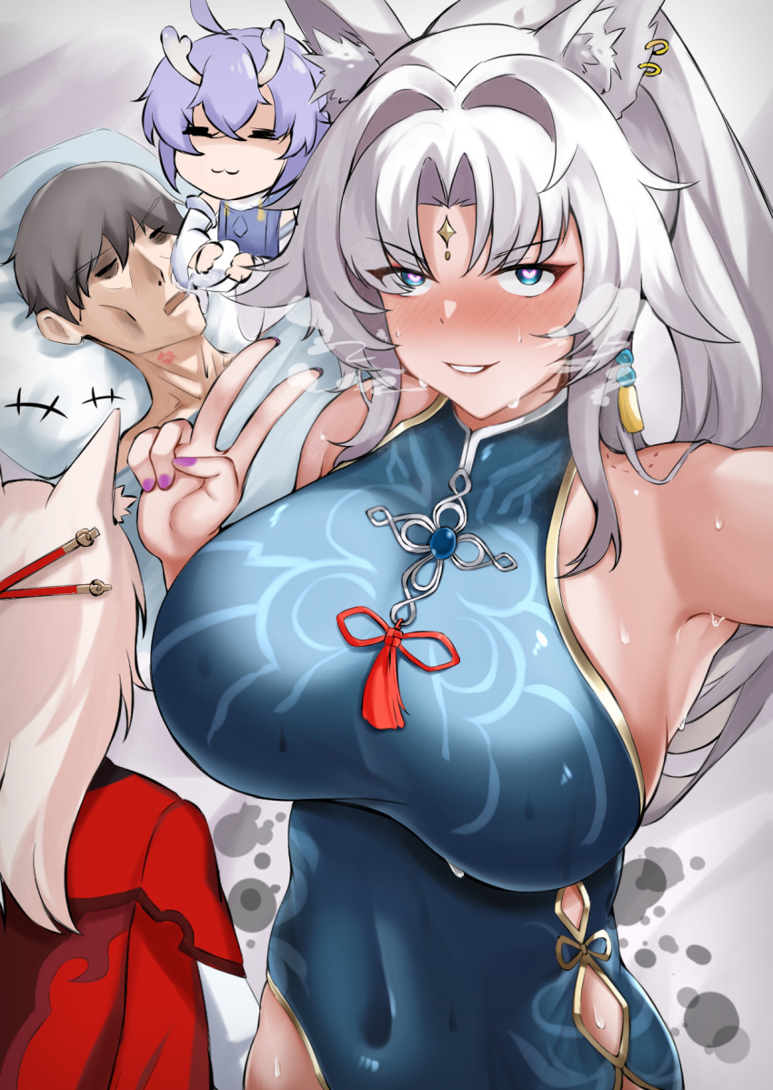 +++ 2boys 2girls :3 =_= alternate_breast_size animal_ears arm_up bailu_(honkai:_star_rail) bare_arms bare_shoulders bite_mark bite_mark_on_neck blue_eyes blush breasts breath caelus_(honkai:_star_rail) chibi covered_navel dragon_horns emaciated exhausted feixiao_(honkai:_star_rail) fingernails forehead_jewel grey_hair guy_tired_after_sex_(meme) hand_up head_on_pillow heart heart-shaped_pupils high_ponytail highres honkai:_star_rail honkai_(series) horns huge_breasts implied_after_sex impossible_clothes impossible_leotard jiaoqiu_(honkai:_star_rail) leotard lipstick_mark lipstick_mark_on_neck long_hair looking_at_viewer lying meme multiple_boys multiple_girls nail_polish nose_blush on_back outstretched_arm partially_shaded_face pillow pink_hair pink_nails purple_hair satisfied selfie short_hair straight sunken_cheeks sweat symbol-shaped_pupils trailblazer_(honkai:_star_rail) tsukimi_no_72 unconscious under_covers v very_long_hair