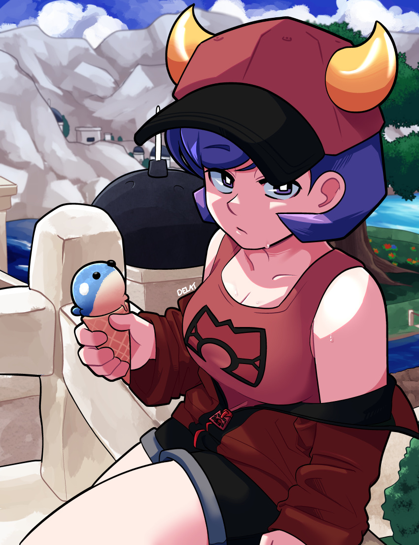 absurdres black_shorts breasts bright_pupils closed_mouth collarbone courtney_(pokemon) day delatoid female food highres holding holding_ice_cream_cone ice_cream ice_cream_cone jacket large_breasts looking_at_viewer outdoors pokemon pokemon_oras purple_eyes purple_hair red_jacket red_tank_top shorts solo spheal sweat tank_top tree white_pupils zipper zipper_pull_tab