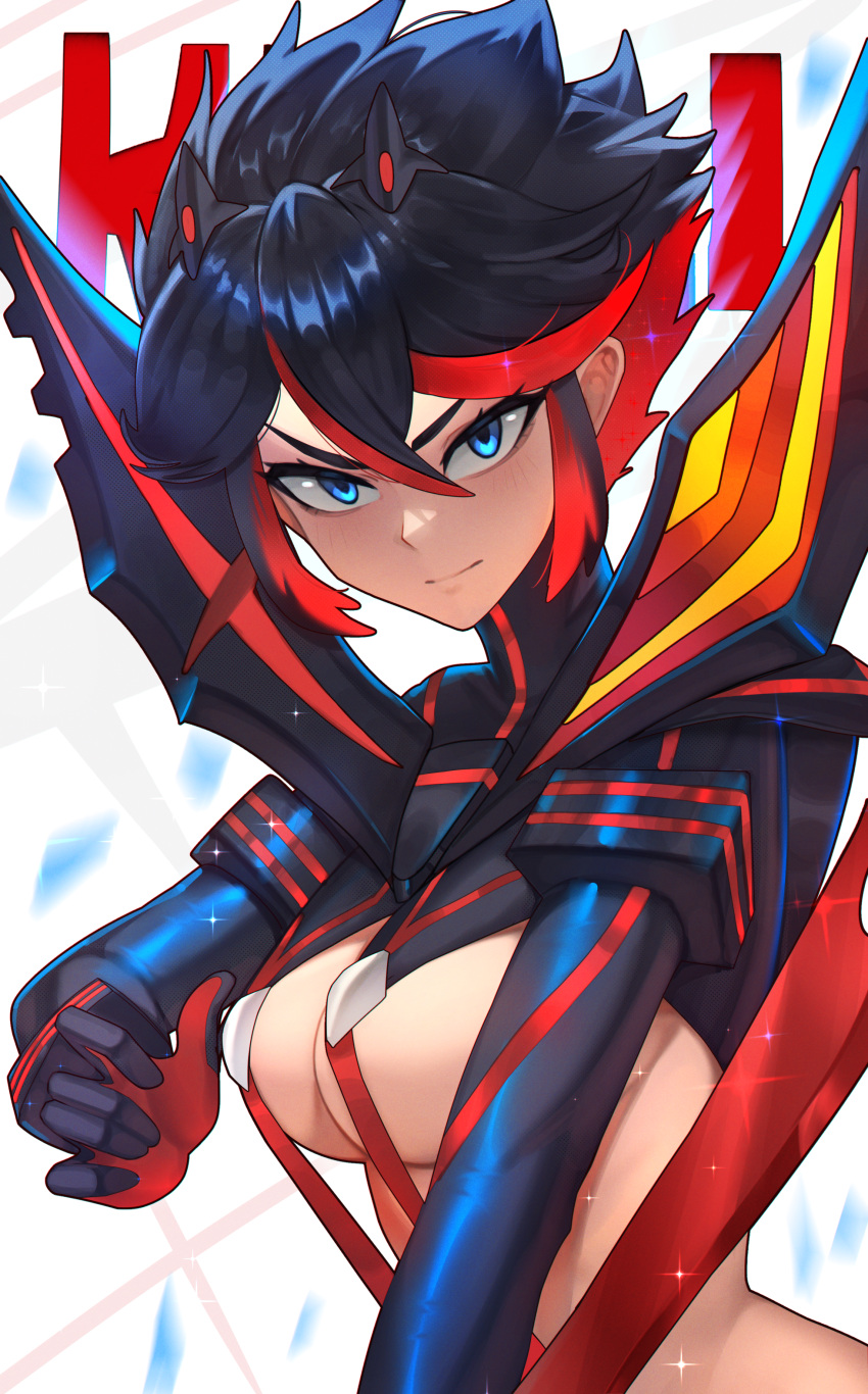 absurdres black_hair blue_eyes breasts closed_mouth female highres kamui_(kill_la_kill) kill_la_kill koarujpg life_fiber looking_at_viewer matoi_ryuuko medium_breasts multicolored_hair red_hair revealing_clothes scissor_blade_(kill_la_kill) senketsu short_hair solo suspenders sword underboob weapon