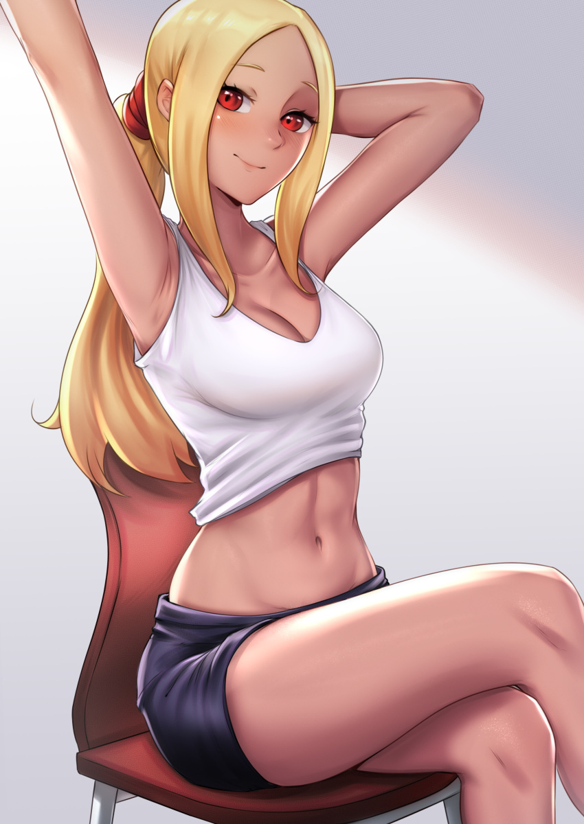 absurdres arm_behind_head arm_up armpits black_shorts blonde_hair breasts chair cleavage closed_mouth collarbone commission cowboy_shot crossed_legs dark-skinned_female dark_skin eyelashes female forehead gradient_background gravity_daze highres kitten_(gravity_daze) knees_together_feet_apart koarujpg long_hair looking_at_viewer midriff navel petite pointy_nose ponytail red_eyes shirt shorts sidelocks simple_background sitting smile solo stomach tan white_shirt