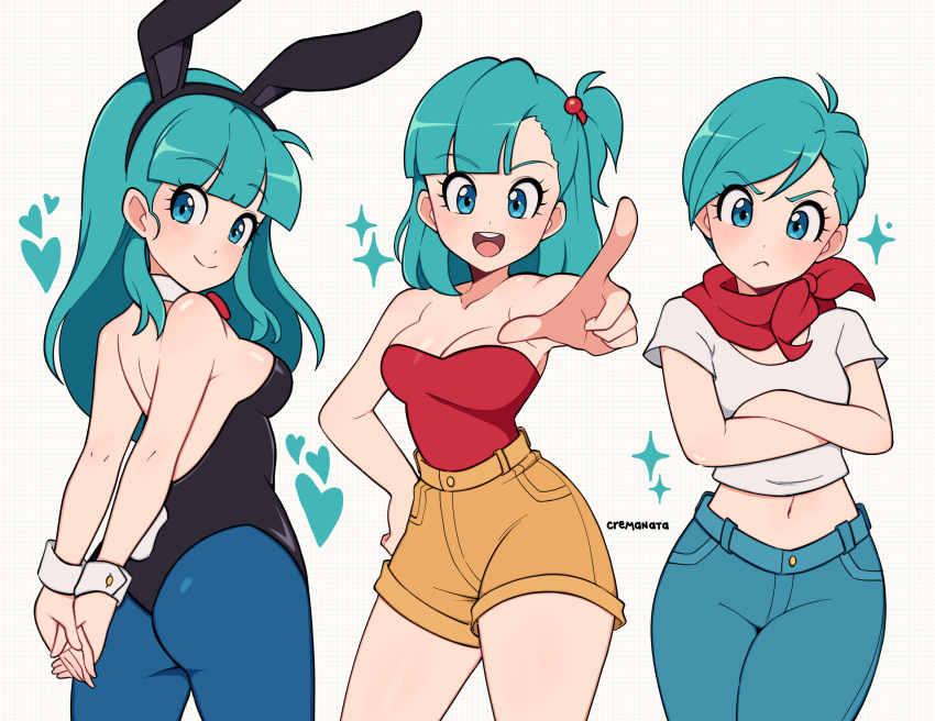 absurdres alternate_costume animal_ears aqua_hair artist_name bandana bare_shoulders black_leotard blue_eyes blue_pants blue_pantyhose breasts bulma_briefs cleavage cremanata crossed_arms denim detached_collar dragon_ball dragon_ball_(classic) dragon_ball_super female grid_background heart highres jeans leotard long_hair looking_at_viewer midriff multiple_views navel open_mouth orange_shorts pants pantyhose playboy_bunny pointing pout rabbit_ears rabbit_tail red_bandana red_shirt shirt short_hair short_shorts short_sleeves shorts sparkle strapless strapless_shirt tail teeth upper_teeth_only white_background white_shirt white_wrist_cuffs wrist_cuffs