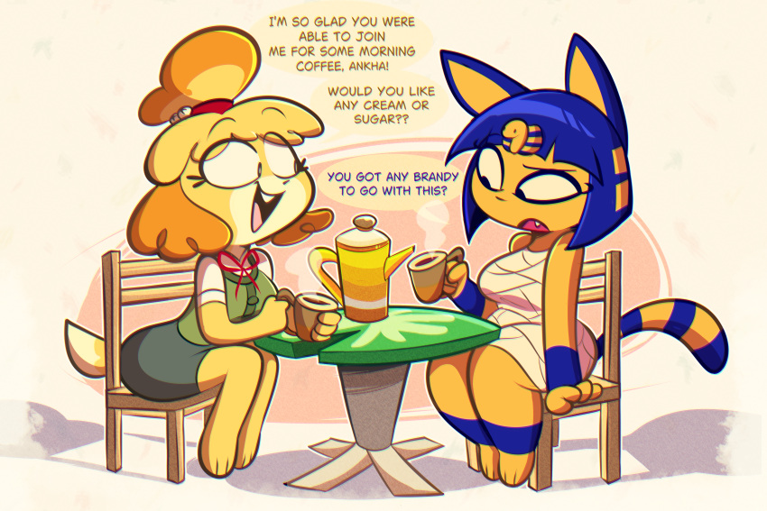 2024 absurd_res animal_crossing ankha_(animal_crossing) anthro bangs barefoot bell beverage blonde_hair blue_hair bob_cut bottomwear breasts canid canine canis chair clothed clothed_anthro clothed_female clothing coffee coffee_mug date dialogue digital_drawing_(artwork) digital_media_(artwork) dipstick_tail domestic_cat domestic_dog duo english_text eye_through_hair eyebrows eyelashes eyeliner feet felid feline felis female female/female female_anthro fingers fur furniture green_clothing green_topwear green_vest hair hi_res holding_coffee_mug holding_object isabelle_(animal_crossing) jingle_bell looking_at_another looking_at_object makeup mammal markings morning mummy_wrappings nintendo on_chair open_mouth open_smile pest0sauce raised_eyebrow shih_tzu shirt simple_background sitting sitting_on_chair skirt smile speech_bubble striped_markings striped_tail stripes table tail tail_markings talking_to_another tan_background teeth text tied_hair topwear toy_dog translucent translucent_hair uraeus vest white_clothing white_shirt white_topwear yellow_body yellow_ears yellow_face yellow_fur yellow_inner_ear yellow_tail