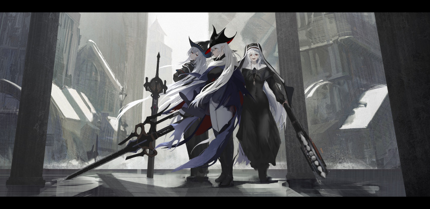 3girls absurdres arknights black_dress black_thighhighs black_veil blue_cape boots breasts cape circular_saw dress gladiia_(arknights) habit hair_over_one_eye highres holding holding_polearm holding_weapon letterboxed long_hair multiple_girls pants pillar pointy_ears pointy_hat polearm red_eyes saw scarf sword thighhighs thighhighs_under_boots tight_clothes tight_pants two-sided_cape two-sided_fabric two-sided_headwear two-sided_veil veil very_long_hair weapon white_hair white_pants white_scarf y.u