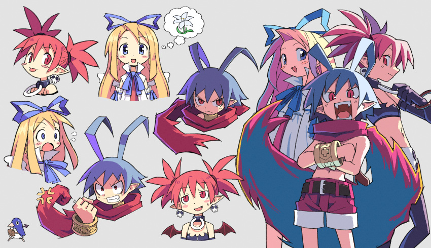 1boy 2girls absurdres angel angel_wings blonde_hair blue_eyes blue_hair blue_ribbon blush_stickers clenched_hand closed_mouth crossed_arms demon_boy demon_girl demon_wings disgaea earrings etna_(disgaea) fangs flonne flower flying_sweatdrops grey_background hair_ribbon highres huge_antenna_hair jewelry laharl long_hair makai_senki_disgaea multiple_girls open_mouth pointy_ears prinny red_eyes red_hair red_scarf red_shorts revision ribbon scarf shorts simple_background skull_earrings spdcooler tongue tongue_out white_flower wings