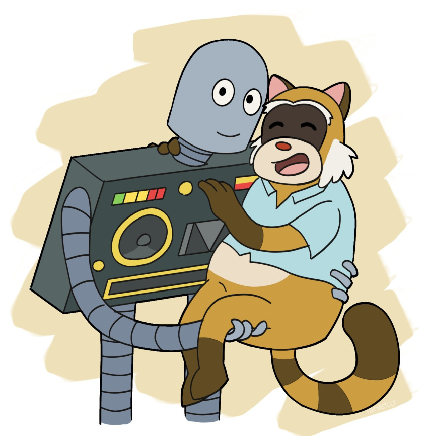 anthro bottomless bridal_carry brown_body brown_fur carrying_another clothed clothing das1lly duo fur grey_body hi_res male male/male mammal polo_shirt procyonid raccoon rascal_(robot_dreams) robot_(robot_dreams) robot_dreams shirt topwear