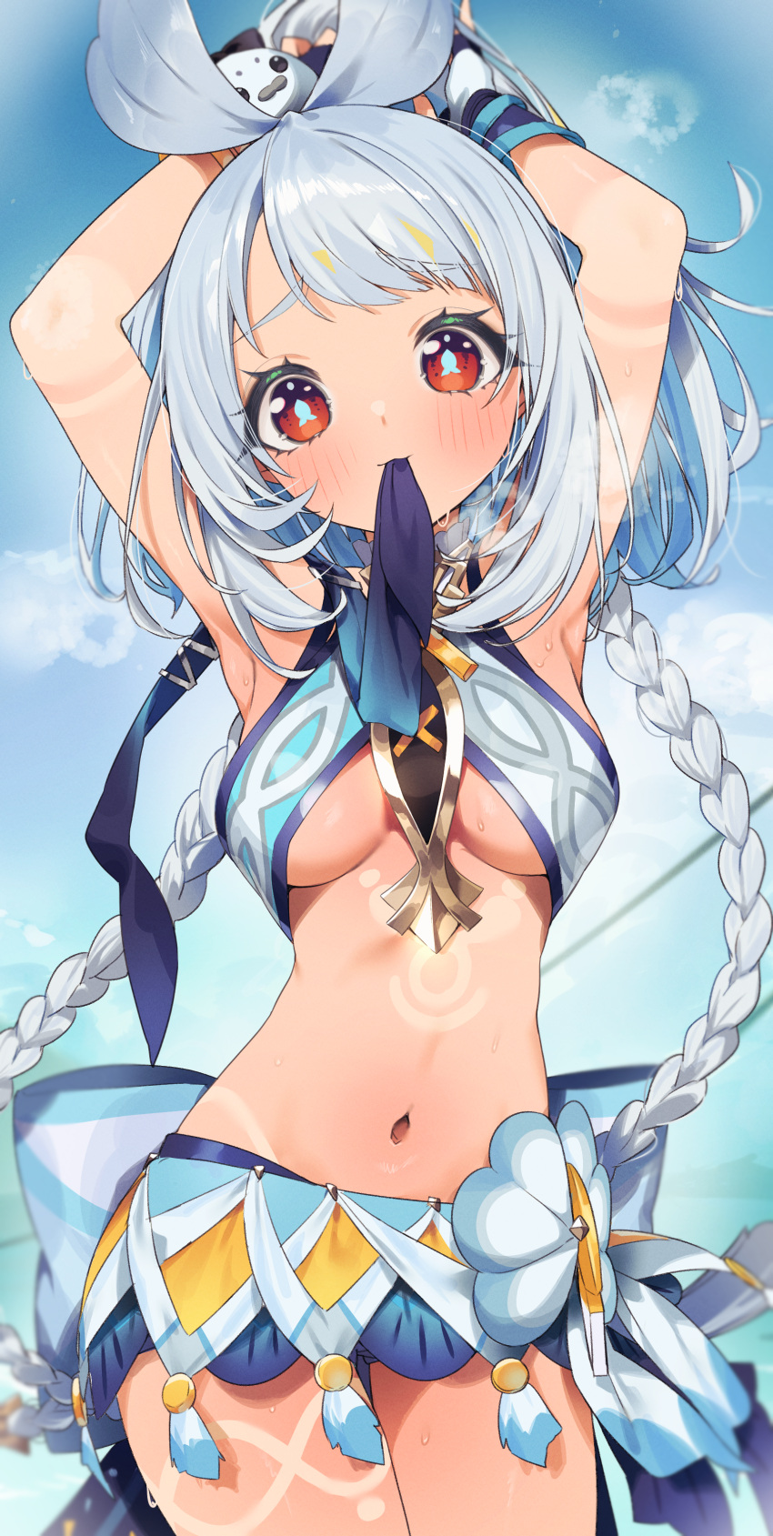 absurdres arms_up blue_hair blue_sky body_markings braid breasts cloud cloudy_sky commentary_request crop_top day female fish-shaped_pupils genshin_impact highres itohana long_hair looking_at_viewer low_twin_braids medium_breasts mouth_hold mualani_(genshin_impact) navel orange_eyes sky solo stomach tan twin_braids underboob wrist_wrap