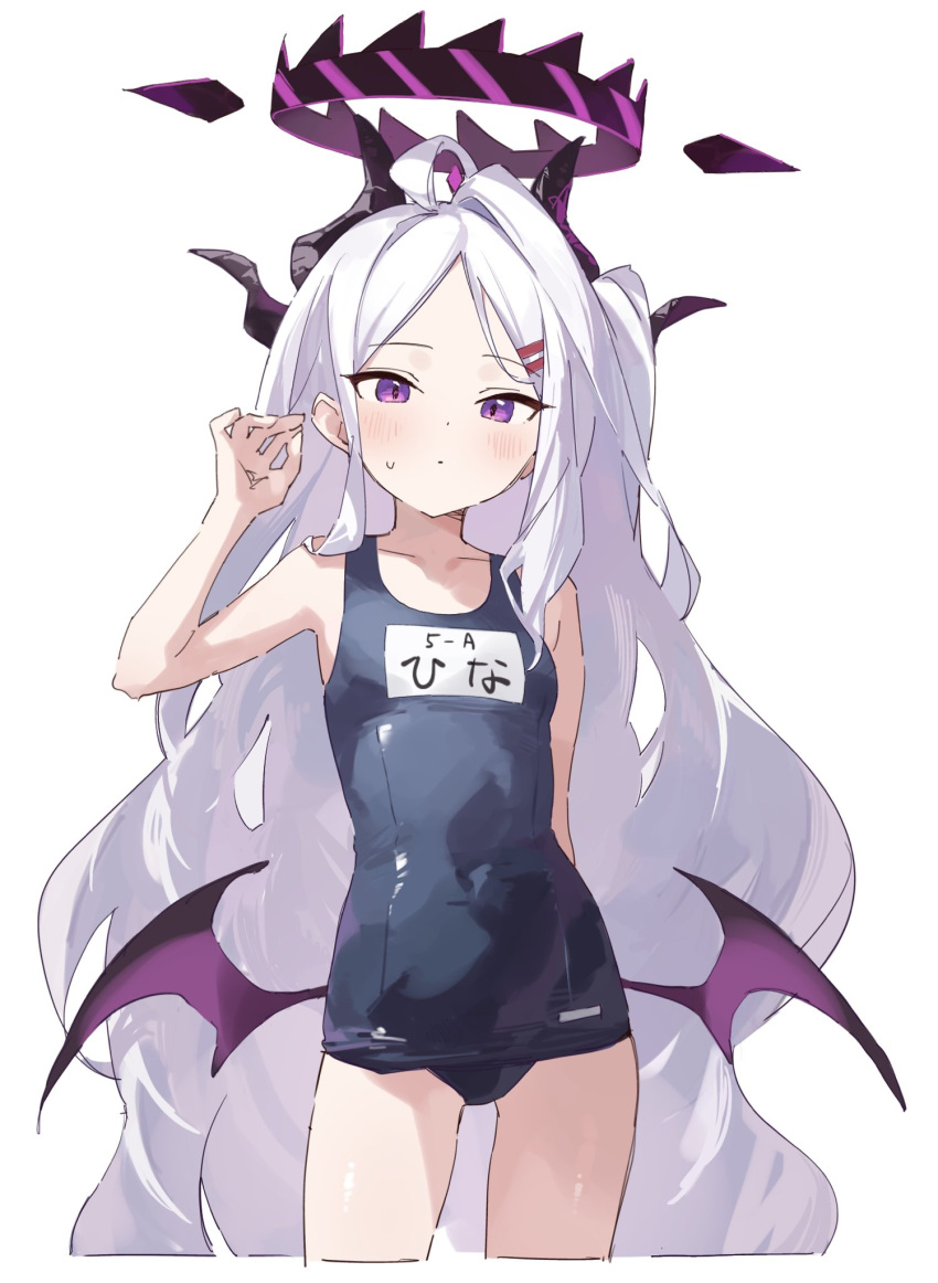 blue_archive blue_one-piece_swimsuit demon_horns demon_wings female halo highres hina_(blue_archive) hina_(swimsuit)_(blue_archive) horns low_wings multiple_horns name_tag official_alternate_costume old_school_swimsuit one-piece_swimsuit parted_bangs purple_wings rakugaki_ningen school_swimsuit solo swimsuit wings