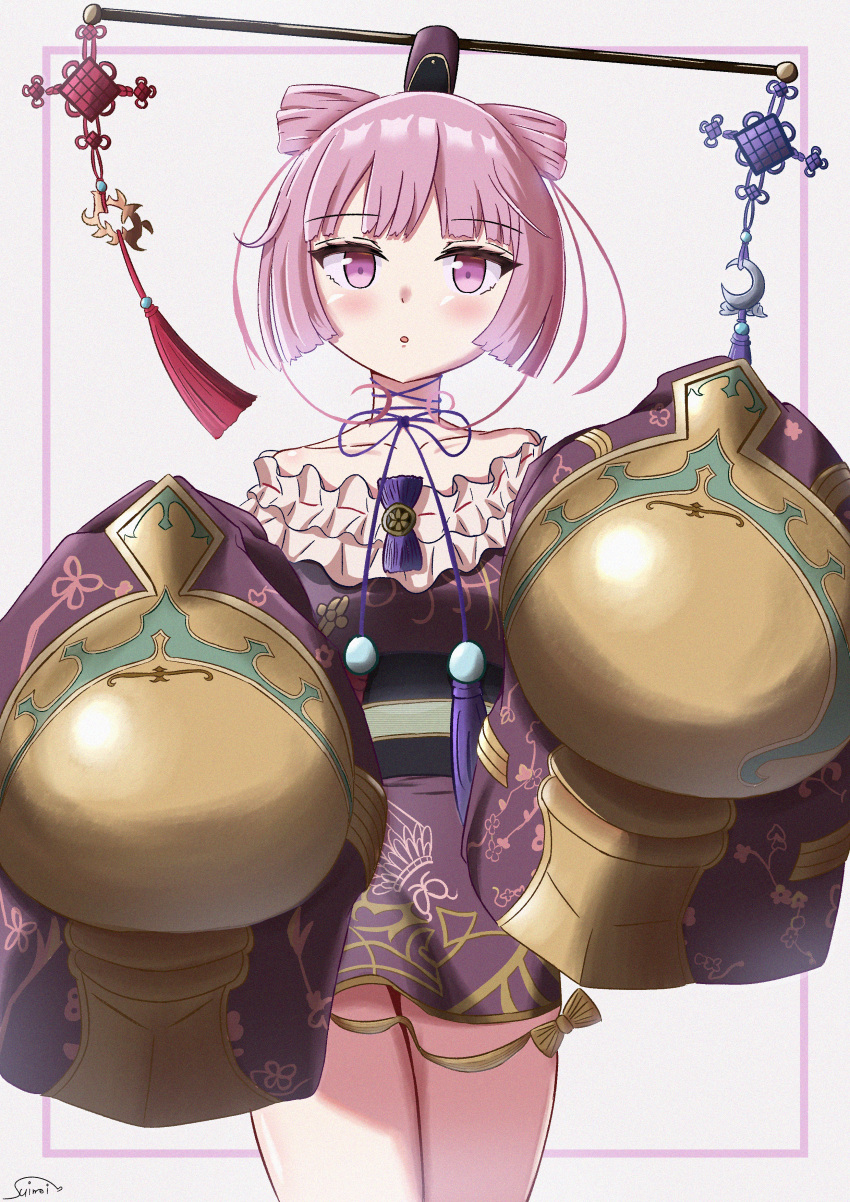 :o absurdres atelier_(series) atelier_sophie bare_shoulders chinese_knot corneria_(atelier) cowboy_shot dalachi_(headdress) dress endless_knot female highres long_sleeves looking_at_viewer pink_eyes pink_hair print_dress purple_dress short_hair signature sleeves_past_fingers sleeves_past_wrists solo standing suimei_(ramebi3) white_background wide_sleeves