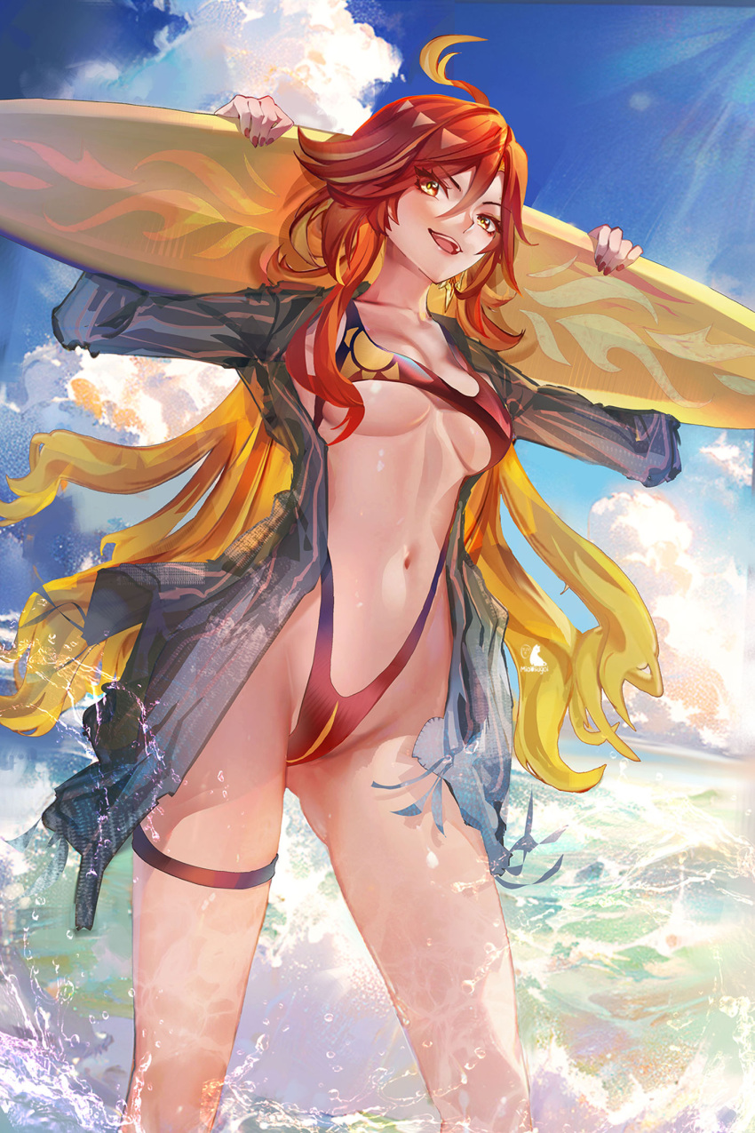 blonde_hair blue_sky cloud day female genshin_impact grey_shirt highres holding holding_surfboard long_hair mavuika_(genshin_impact) miaosu navel one-piece_swimsuit open_clothes open_shirt red_hair red_one-piece_swimsuit shirt sky solo standing stomach surfboard swimsuit thigh_strap thighs very_long_hair