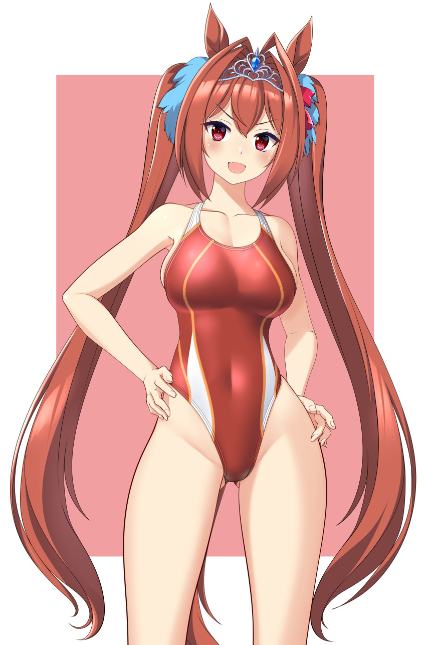 absurdres alternate_costume animal_ears bare_shoulders border breasts commentary_request competition_swimsuit covered_navel cowboy_shot daiwa_scarlet_(umamusume) female groin hands_on_own_hips highleg highres horse_ears horse_girl horse_tail large_breasts long_hair looking_at_viewer one-piece_swimsuit outside_border pink_background red_eyes red_hair red_one-piece_swimsuit simple_background smile solo swimsuit tail takafumi tiara twintails umamusume v-shaped_eyebrows very_long_hair white_border