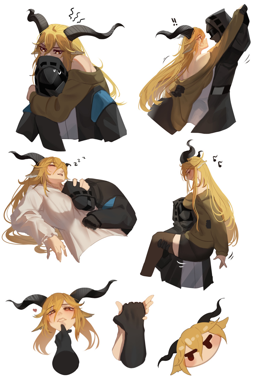 1other absurdres ambiguous_gender animal_ears arknights black_coat black_jacket blonde_hair brown_horns coat commentary degenbrecher_(arknights) doctor_(arknights) english_commentary female goat_ears goat_girl goat_horns highres hood hood_up hooded_coat hooded_jacket horns jacket long_hair najashi simple_background sound_effects white_background yellow_eyes zzz