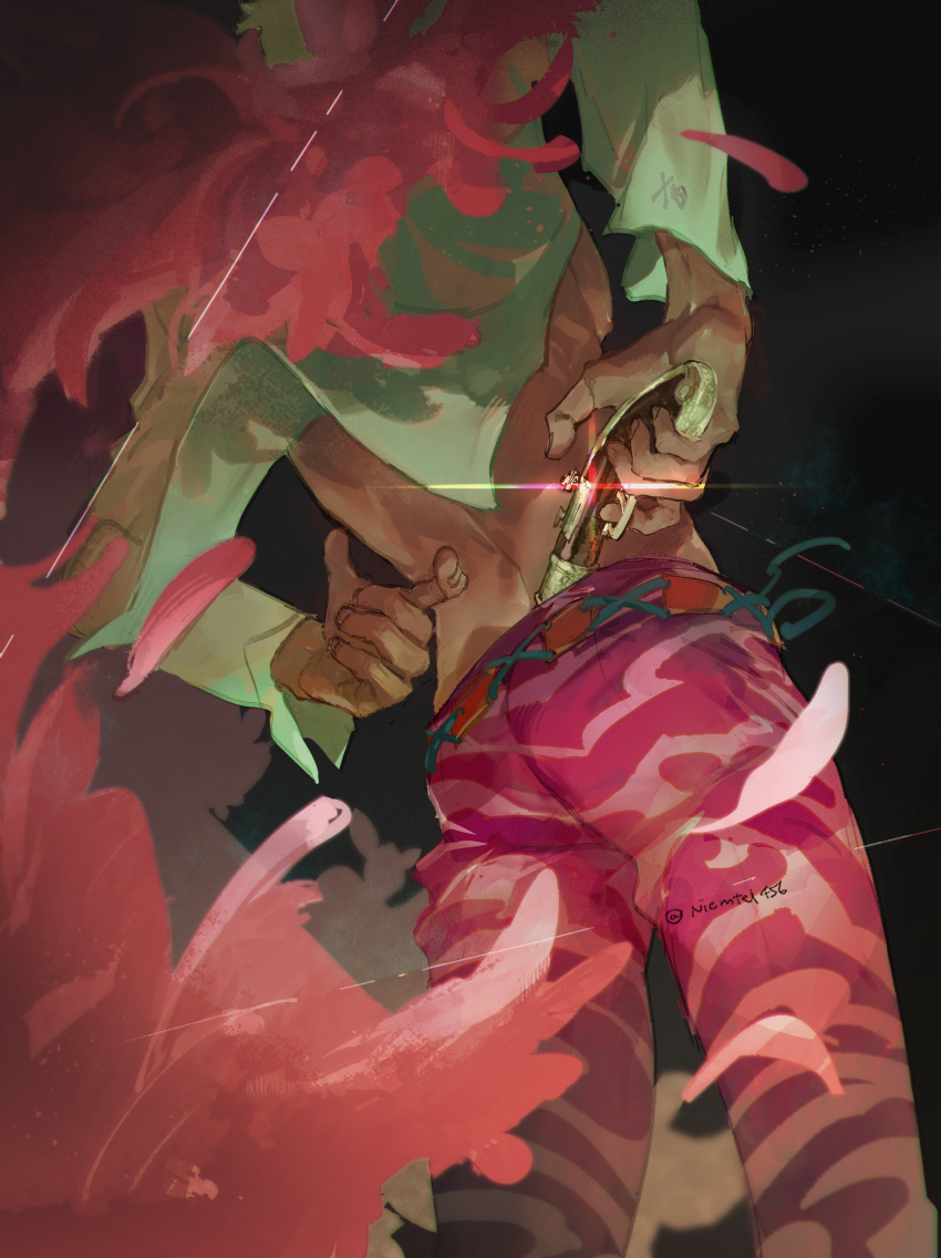 1boy absurdres black_background coat cowboy_shot donquixote_doflamingo dutch_angle from_behind gun head_out_of_frame highres holding holding_gun holding_weapon male_focus muscular muscular_male niemtel456_rino one_piece open_clothes open_shirt pectorals pink_coat shirt sparkle thread twitter_username weapon white_shirt