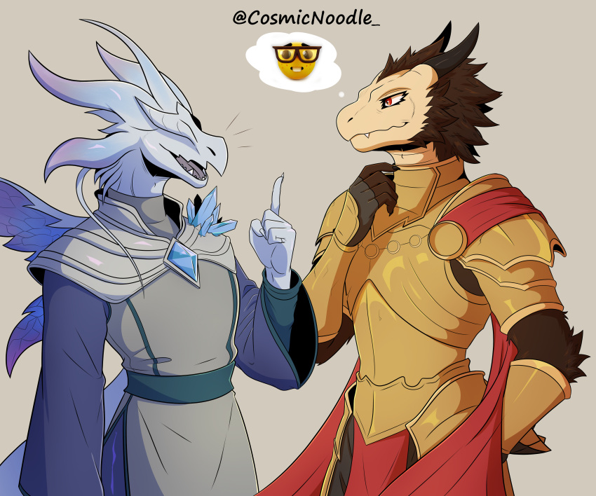 absurd_res anthro anthrofied armor cape clothed clothing cosmic_noodle crystal dark_souls digital_media_(artwork) dragon dragonoid_(dark_souls) duo eyeless fromsoftware fur half-length_portrait hi_res horn looking_at_another male mythological_creature mythological_scalie mythology nerd_emoji_(meme) portrait robe scalie seath_the_scaleless shaded smile tail topwear wings