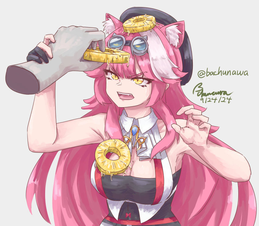 absurdres angry animal_ear_fluff animal_ears armpits bachunawa bare_shoulders beret black_hat black_tube_top breasts cat_ears cat_girl dated disembodied_hand fangs female food food_on_body food_on_breasts food_on_head fruit goggles goggles_on_head hat highres hololive hololive_english large_breasts long_hair looking_up object_on_head pineapple pineapple_slice pink_hair raora_panthera raora_panthera_(1st_costume) signature strapless tube_top twitter_username vest virtual_youtuber white_hair yellow_eyes