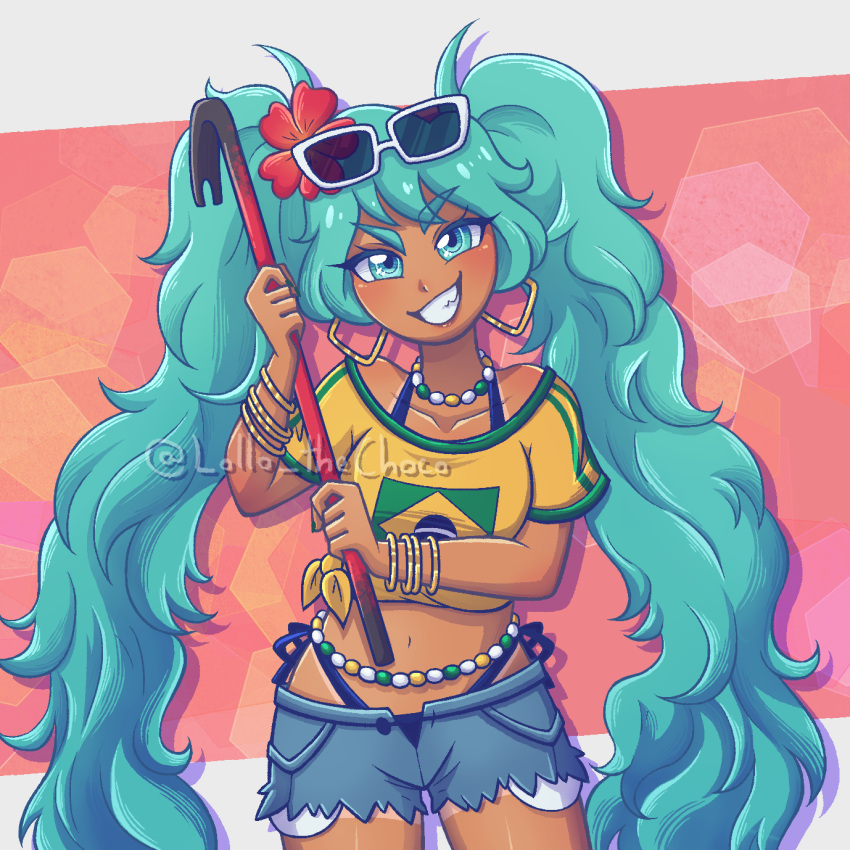 aqua_eyes aqua_hair bead_choker belly_chain bikini bracelet brazil brazilian_flag brazilian_flag_print brazilian_miku check_commentary commentary_request crowbar dark-skinned_female dark_skin earrings english_commentary exposed_pocket eyewear_on_head female flower gold_earrings grin hair_flower hair_ornament hatsune_miku highres holding holding_crowbar jewelry lollothechoco long_hair mixed-language_commentary multiple_bracelets navel portuguese_commentary rectangular_earrings shirt shorts shorts_tan smile solo sunglasses swimsuit tan tanline_peek tanlines twintails vocaloid white-framed_eyewear yellow_shirt