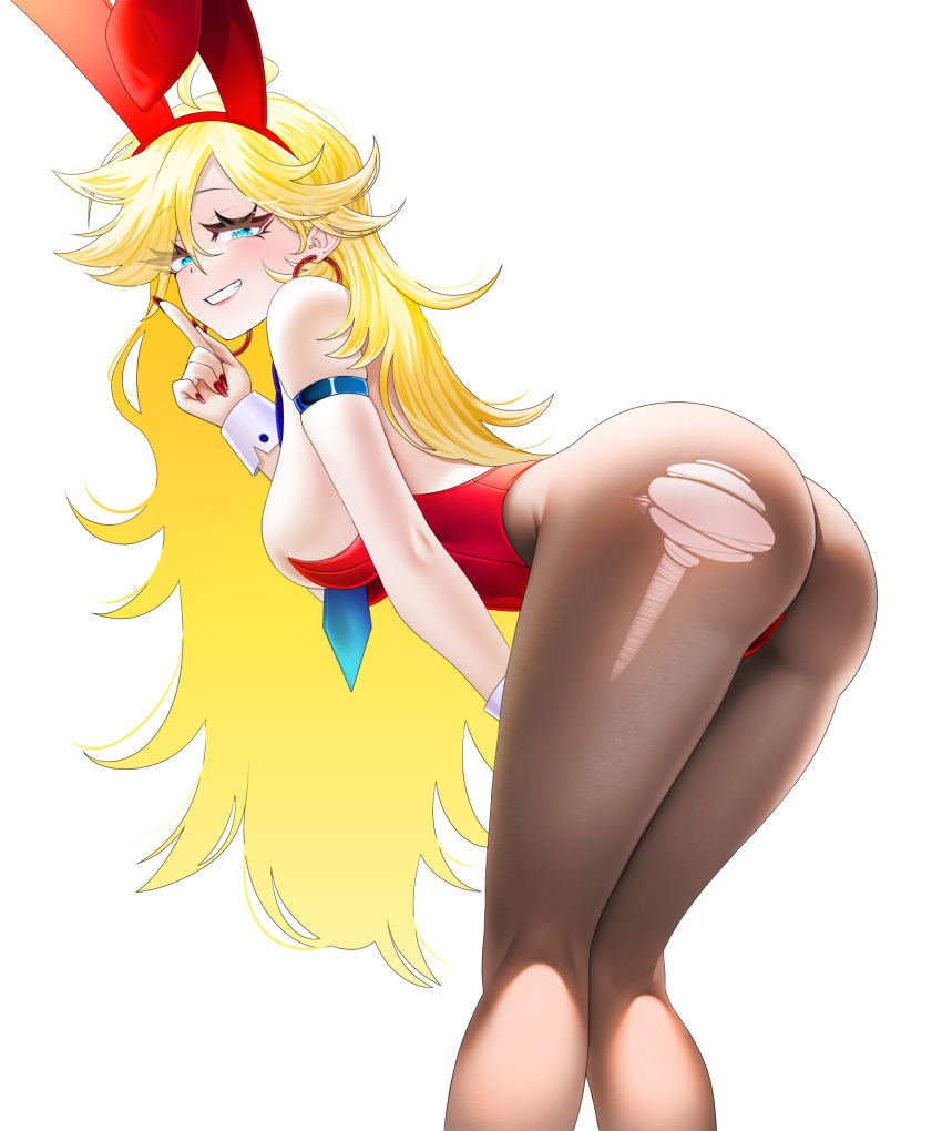 animal_ears ass blonde_hair blue_eyes breasts earrings female highres jewelry large_breasts leotard long_hair looking_at_viewer luunamito md5_mismatch panty_&_stocking_with_garterbelt panty_(psg) pantyhose playboy_bunny rabbit_ears resolution_mismatch simple_background smile solo source_larger thighs third-party_edit torn_clothes torn_pantyhose white_background