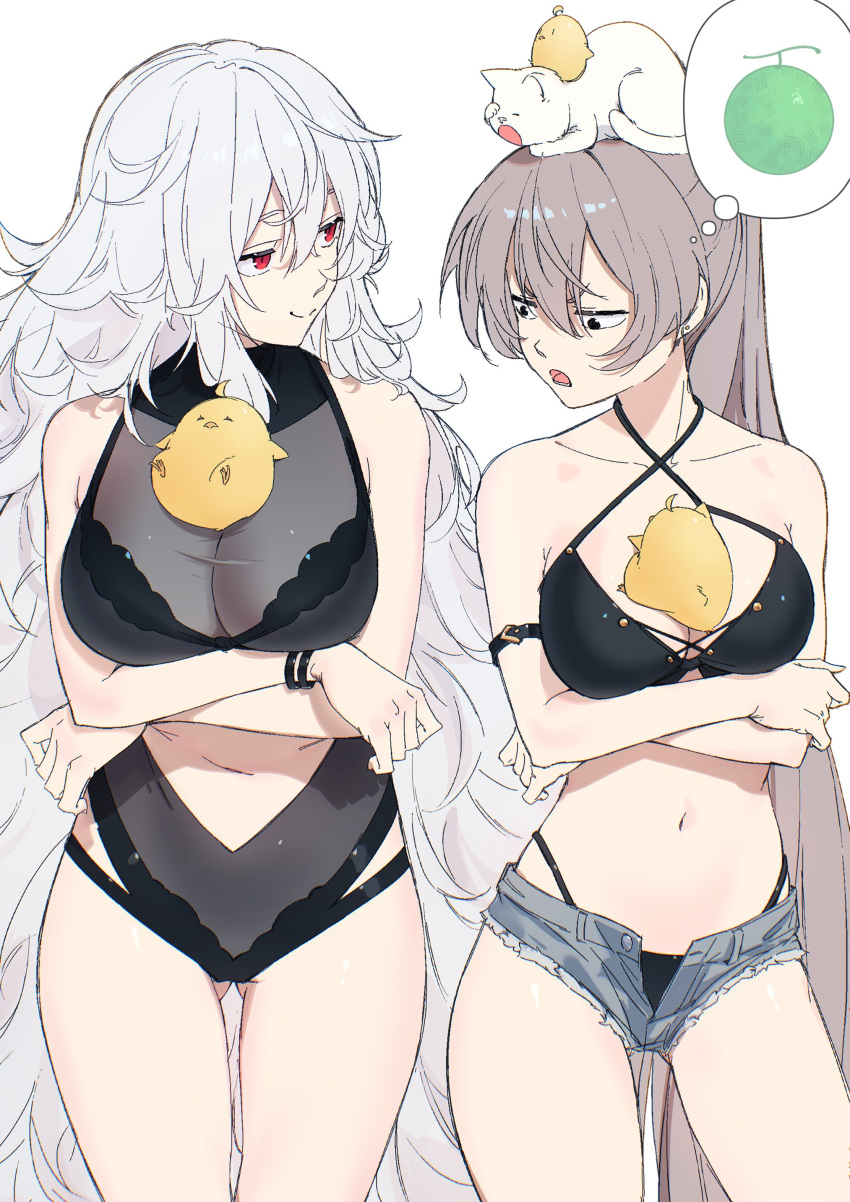 2girls absurdres alternate_costume arms_under_breasts azur_lane bikini black_bikini black_eyes black_one-piece_swimsuit breast_envy breasts brown_hair collarbone crossed_arms denim denim_shorts feline graf_zeppelin_(azur_lane) graf_zeppelin_(beachside_urd)_(azur_lane) hatski.sin highres jean_bart_(azur_lane) jean_bart_(private_apres_midi)_(azur_lane) large_breasts long_hair manjuu_(azur_lane) messy_hair multiple_girls official_alternate_costume one-piece_swimsuit ponytail red_eyes short_shorts shorts simple_background smirk swimsuit thighs thought_bubble very_long_hair white_background white_hair