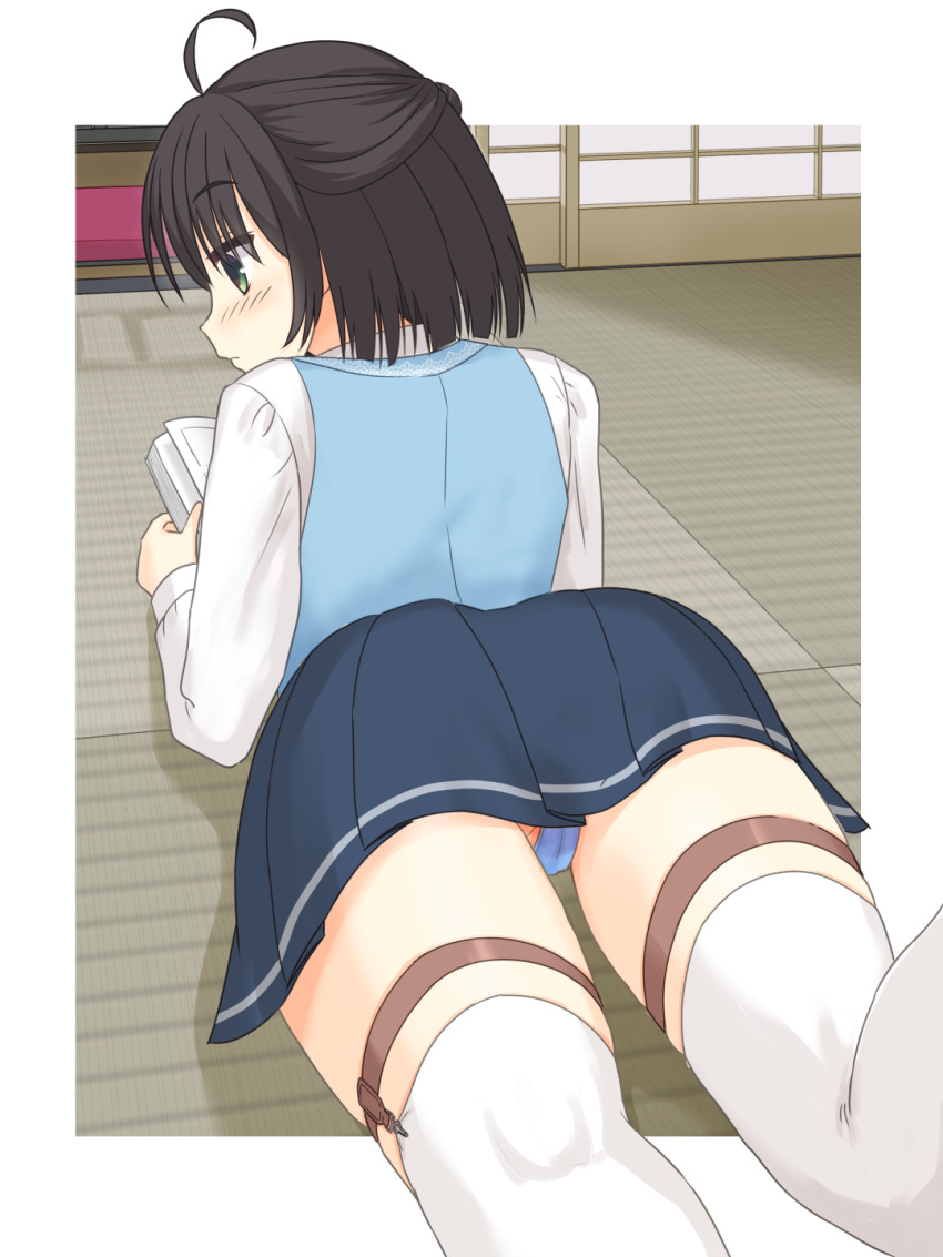 ahoge ass back black_hair blue_panties blue_skirt blue_vest blunt_ends blush book border cameltoe casual closed_mouth commentary_request drop_shadow dutch_angle embarrassed female foreshortening from_behind green_eyes hair_between_eyes half_updo highres hitachi_mako holding holding_book indoors kneepits long_sleeves looking_to_the_side lying miniskirt official_alternate_costume official_alternate_hairstyle on_stomach open_book outside_border panties panty_peek pleated_skirt profile senren_banka shirayamakoma shirt short_hair skirt solo tatami thigh_strap thighhighs thighs underwear vest white_border white_shirt white_thighhighs wide_sleeves zettai_ryouiki