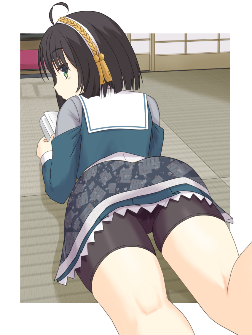 ahoge ass back bike_shorts black_hair black_shorts blunt_ends book border commentary_request drop_shadow dutch_angle female foreshortening from_behind green_eyes green_jacket green_skirt hair_between_eyes hair_ornament hairband highres hitachi_mako holding holding_book indoors jacket kneepits light_blush long_sleeves looking_at_viewer looking_back lying official_alternate_costume on_stomach open_book outside_border profile sailor_collar school_uniform senren_banka serafuku shirayamakoma short_hair_with_long_locks shorts sideways_glance skirt solo tassel tassel_hair_ornament tatami thighs white_border white_hairband white_sailor_collar