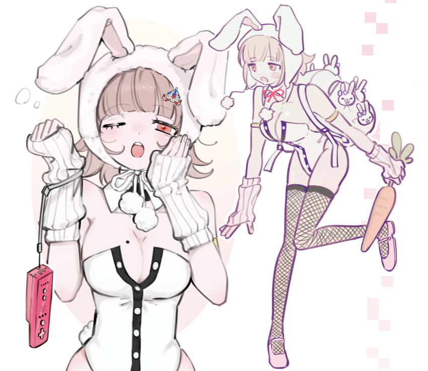 animal_ears breasts cleavage commentary controller danganronpa_(series) danganronpa_2:_goodbye_despair detached_collar fake_animal_ears female fishnet_thighhighs fishnets galaga game_controller highres leotard looking_at_viewer medium_hair mole mole_on_breast morning_(d0nteat) nanami_chiaki playboy_bunny rabbit_ears strapless strapless_leotard symbol-only_commentary thighhighs wii_remote