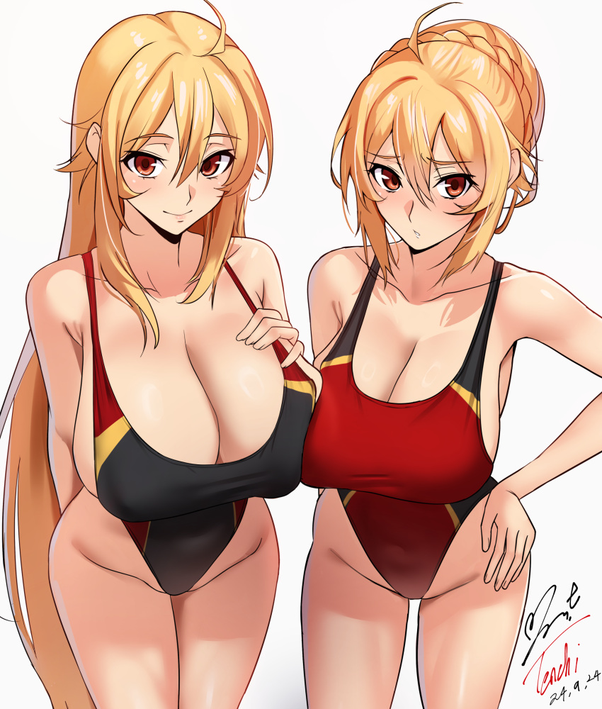 2girls angelica_rafa_redgrave bare_shoulders black_one-piece_swimsuit blonde_hair blush braid braided_bun breasts cleavage commentary_request commission competition_swimsuit hair_bun hand_on_own_chest hand_on_own_hip highleg highleg_one-piece_swimsuit highres huge_breasts large_breasts long_hair multiple_girls one-piece_swimsuit otome_gee_sekai_wa_mob_ni_kibishii_sekai_desu pixiv_commission red_eyes red_one-piece_swimsuit revision simple_background smile swimsuit two-tone_swimsuit very_long_hair white_background yoo_tenchi