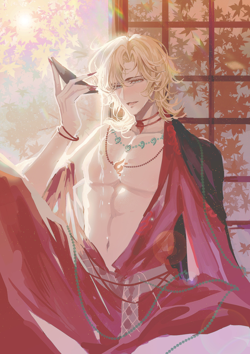 1boy :d abs absurdres alcohol aqua_eyes bare_pectorals bead_necklace beads black_cape blonde_hair blush bracelet cape choker cup curtained_hair drunk feet_out_of_frame fingernails hadanugi_dousa highres holding holding_cup indian_style japanese_clothes jewelry kimono lars_rorschach leaf long_sleeves looking_at_viewer lovebrush_chronicles magatama magatama_necklace male_focus maple_leaf maple_tree medium_hair necklace oerba_yun_fang parted_bangs pectorals pouring pouring_onto_self red_choker red_kimono red_nails sakazuki sake sash sharp_fingernails shouji side_cape sitting skin_fang sliding_doors smile snow234 solo toned toned_male tree