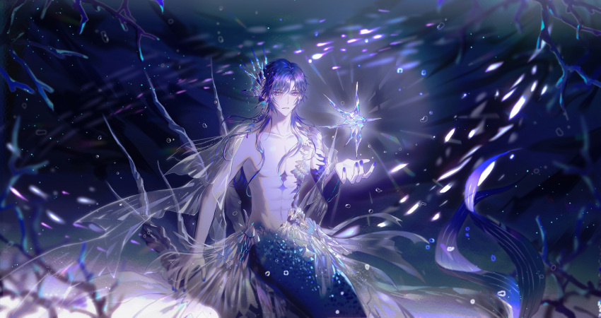 1boy absurdres air_bubble blue_eyes blue_hair blue_nails blue_scales bubble clarence_clayden coral crystal curtained_hair feet_out_of_frame fins hair_between_eyes head_fins highres long_hair looking_at_object lovebrush_chronicles male_focus merman mole mole_under_eye monster_boy object_floating_above_hand parted_lips school_of_fish see-through_clothes solo topless_male underwater waist_cape zhumojian