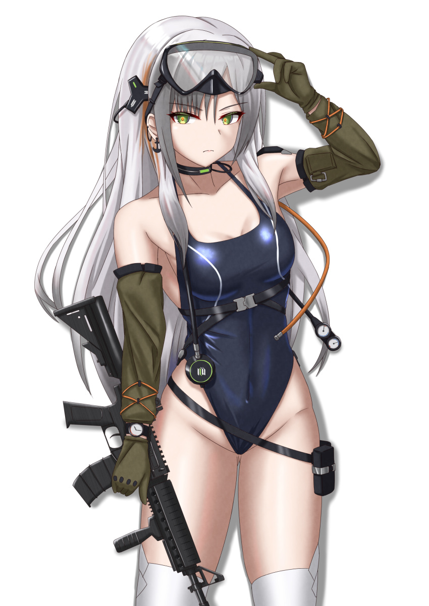 absurdres assault_rifle black_one-piece_swimsuit brown_eyes competition_swimsuit cowboy_shot diving_mask diving_mask_on_head girls'_frontline gloves goggles goggles_on_head green_gloves grey_hair gun harness highleg highleg_one-piece_swimsuit highres long_hair looking_at_viewer midori_mushi mk.18_(girls'_frontline) one-piece_swimsuit rifle simple_background standing swimsuit thighhighs weapon white_background white_thighhighs