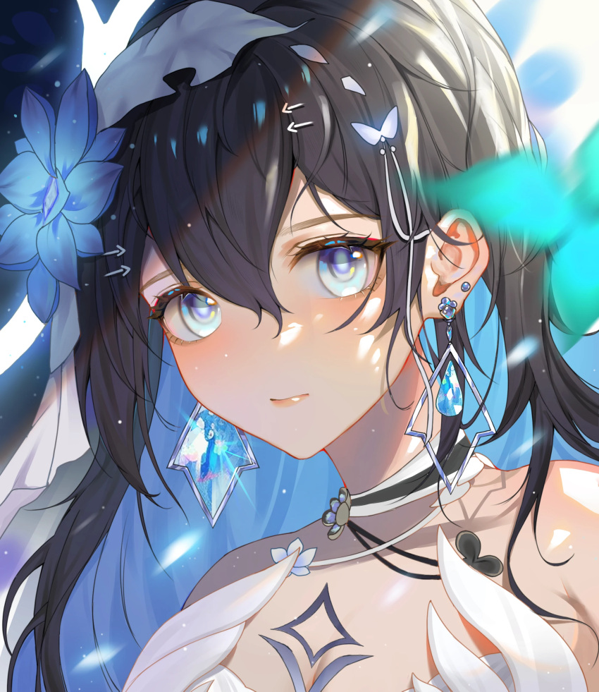 absurdres antlers bare_shoulders black_hair blue_eyes blue_flower blue_hair breasts chinese_commentary choker cleavage closed_mouth colored_inner_hair commentary_request earrings fake_antlers female flower hair_between_eyes hair_flower hair_ornament highres honkai_(series) honkai_impact_3rd horns jewelry long_hair looking_at_viewer medium_breasts multicolored_hair portrait qiuqiuku seele_vollerei seele_vollerei_(herrscher_of_rebirth) sidelocks single_antler solo white_choker